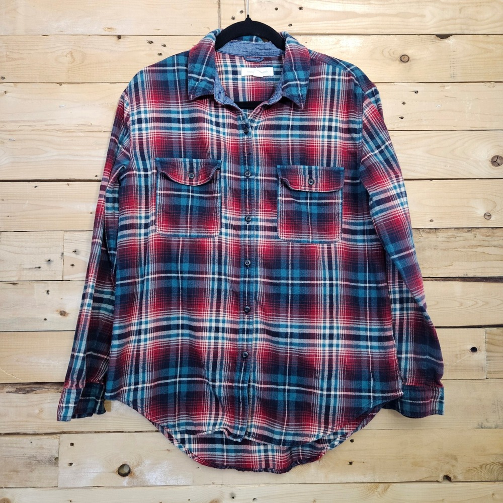 Treasure & Bond Womens Small Red Teal Plaid Cotton Flannel Button Down Shirt